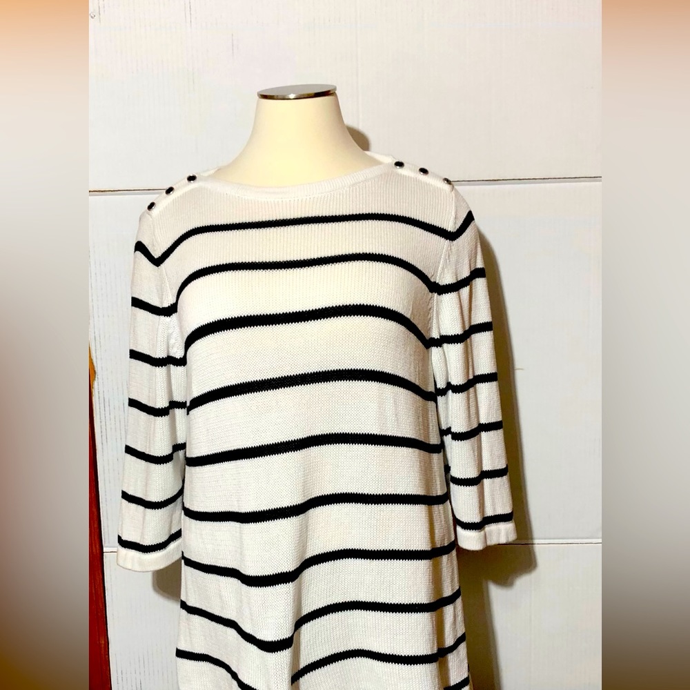 Striped White and Black Boatneck Sweater with Button Detail